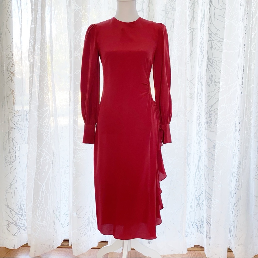 ZIMMERMANN DARK RED SILK LONG SLEEVE SIDE RUFFLE MIDI DRESS